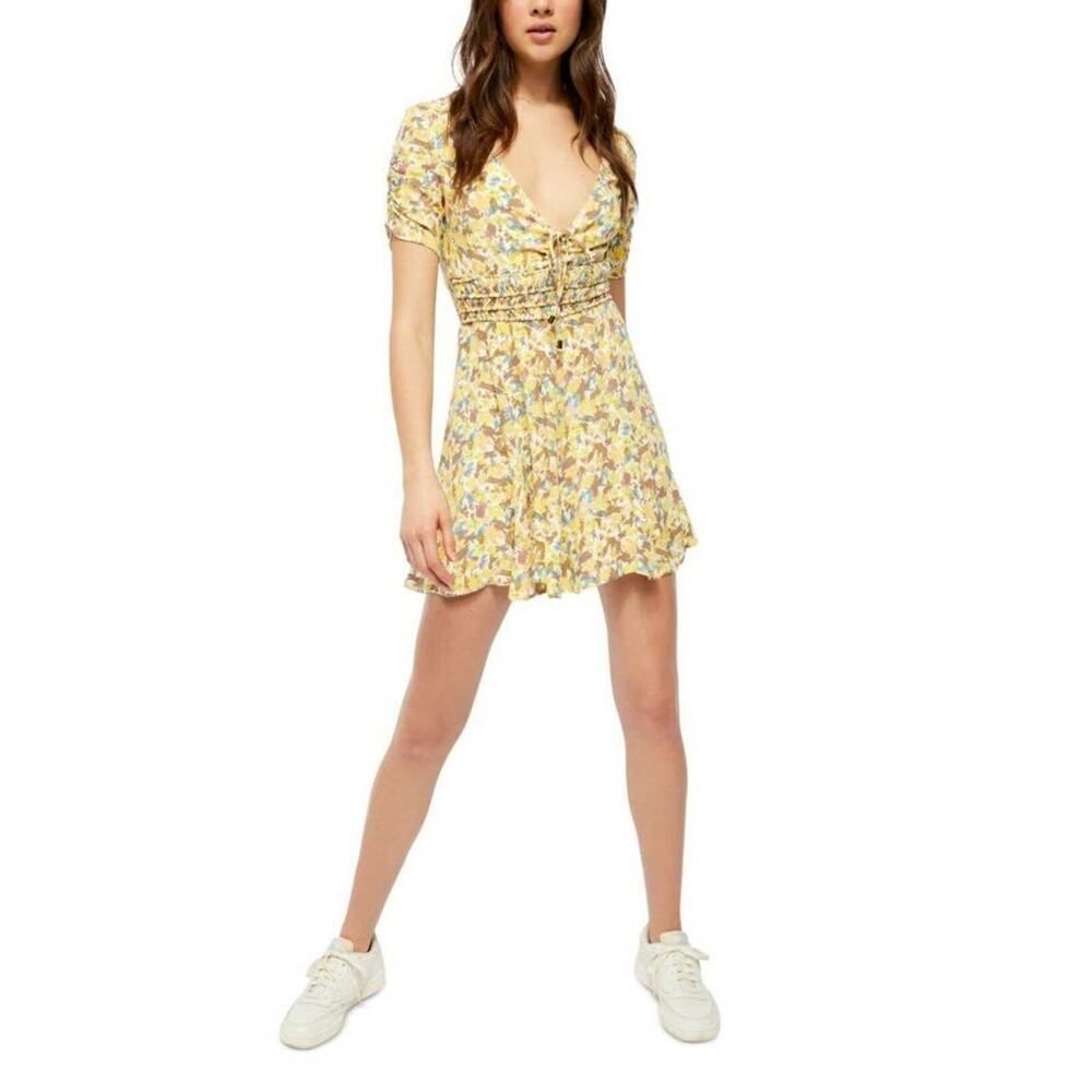 FREE People Forget Me Not Yellow Lily Combo‎ Mini Dress Size 6